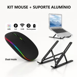 Kit Mouse Sem Fio Recarregável mais Suporte Notebook Tablet Regulável Home Office
