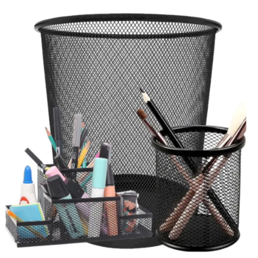 Kit Organizador De Escritório Preto Porta Treco Caneta Lixo