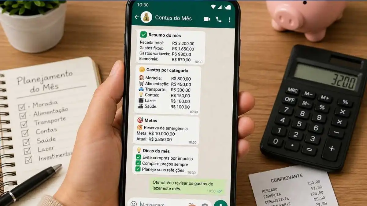 Aprenda como fazer controle financeiro pelo WhatsApp em 2026. Veja o passo a passo para criar grupos de gastos, usar robôs de IA e organizar o orçamento.