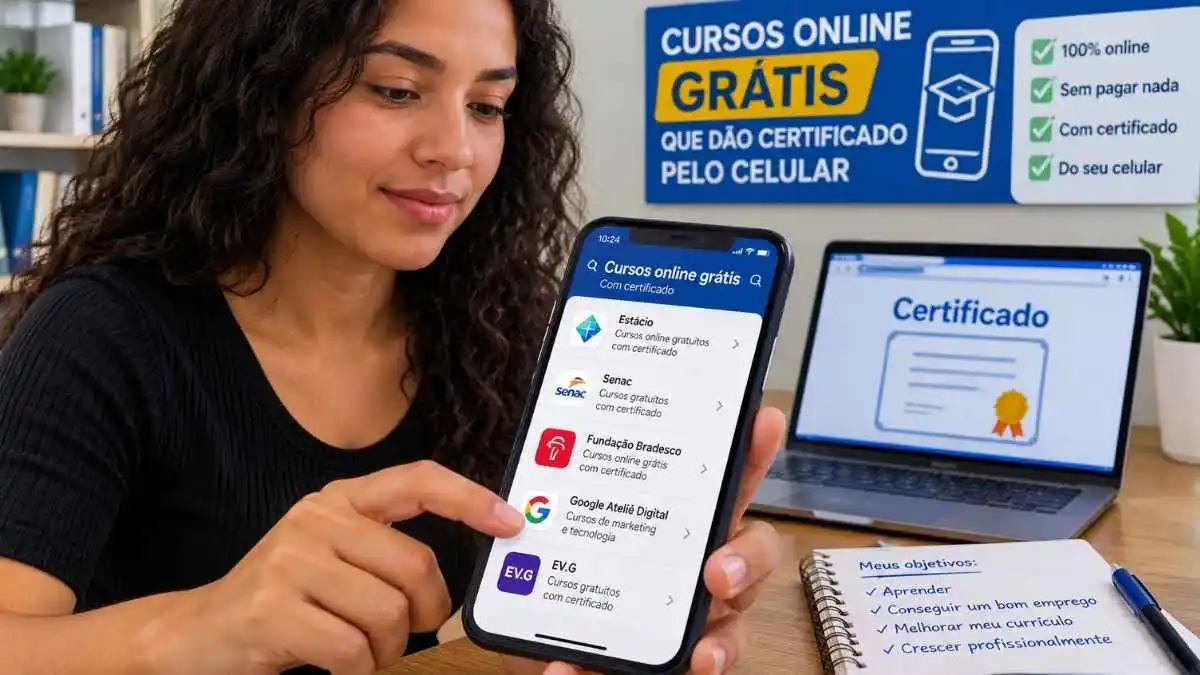Confira 5 plataformas de cursos gratuitos com certificado para estudar pelo celular em 2026. Qualifique seu currículo com opções reconhecidas pelo MEC.