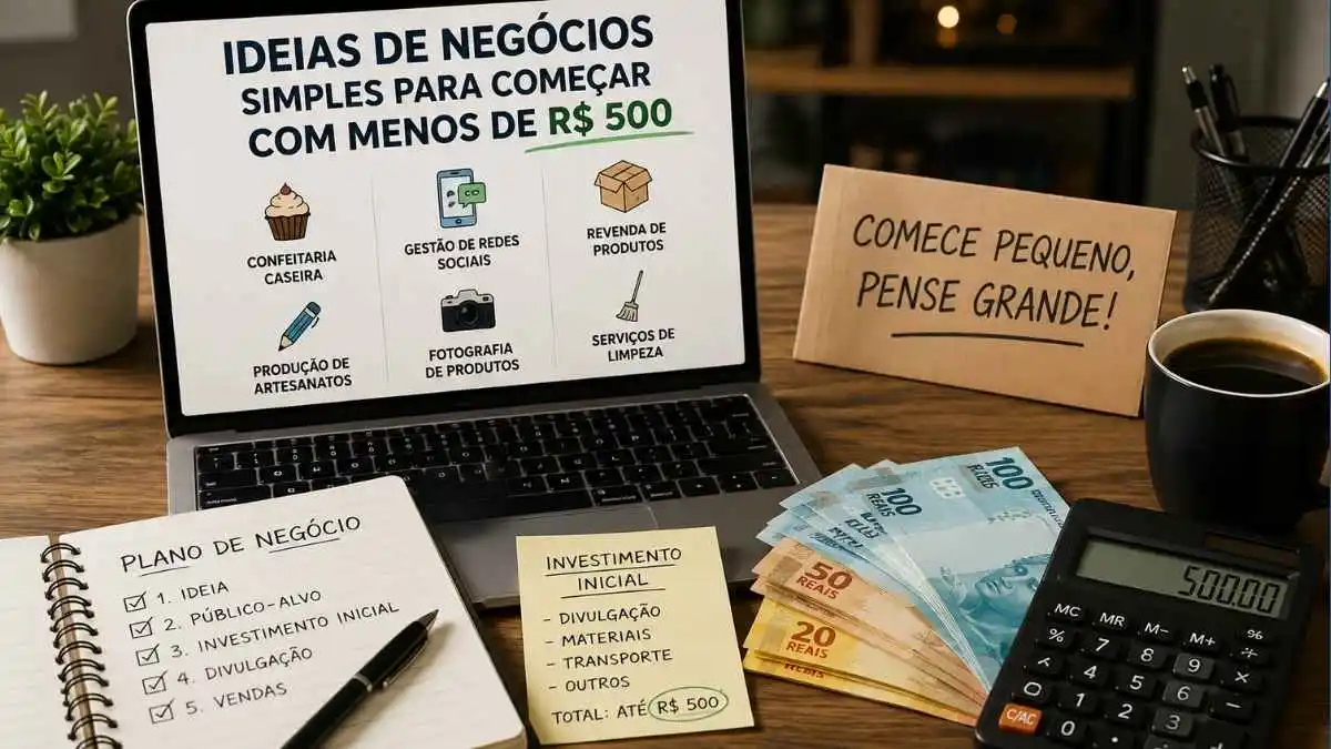 Confira ideias de negócios simples para começar com menos de R$ 500 em 2026. Veja opções lucrativas para empreender em casa e gerar renda rápida.